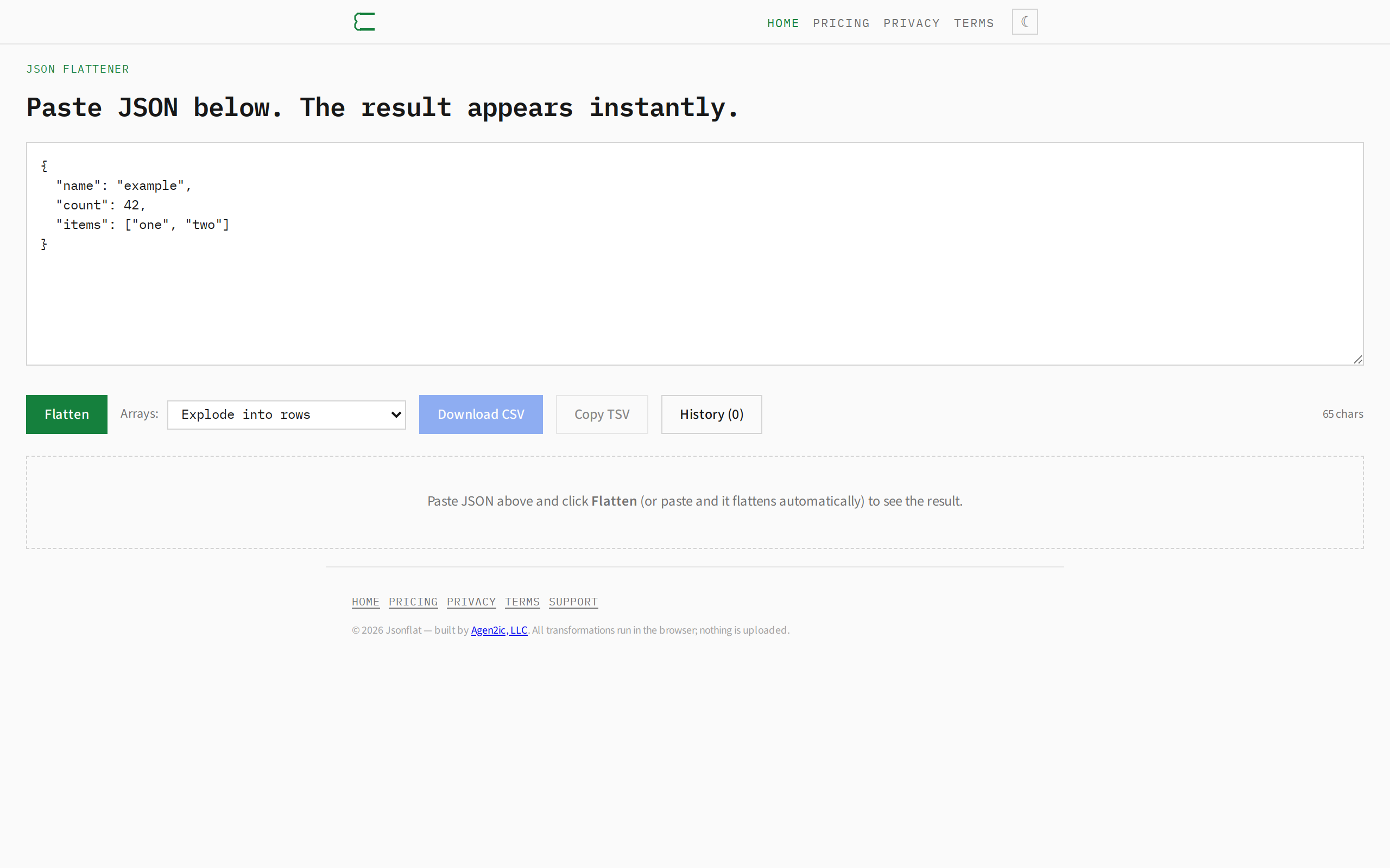 Screenshot of the Jsonflat tool — a JSON textarea with sample nested data, a green Flatten button, array-handling options, and a dashed placeholder where the flat table will appear